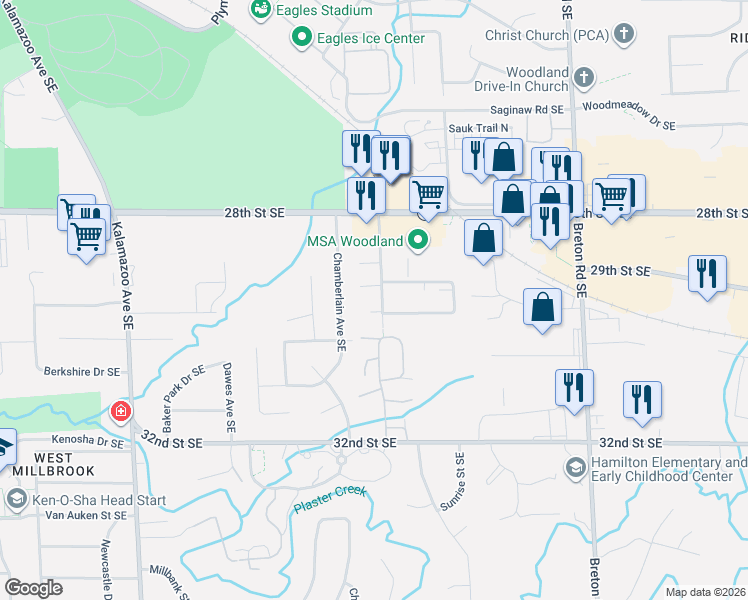 map of restaurants, bars, coffee shops, grocery stores, and more near 2907 Englewood Avenue Southeast in Grand Rapids