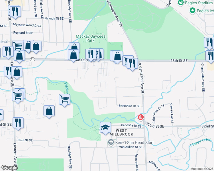 map of restaurants, bars, coffee shops, grocery stores, and more near 1321 Vineland Court Southeast in Grand Rapids