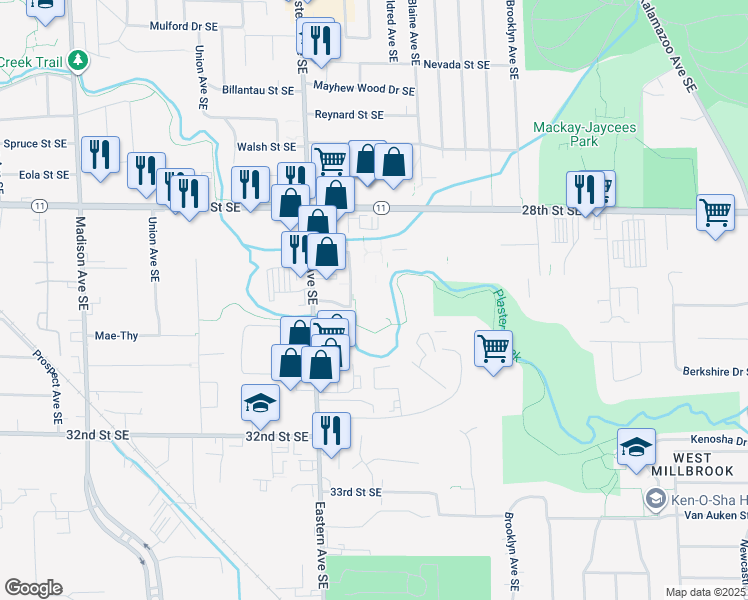 map of restaurants, bars, coffee shops, grocery stores, and more near 2926 Marshall Avenue Southeast in Grand Rapids