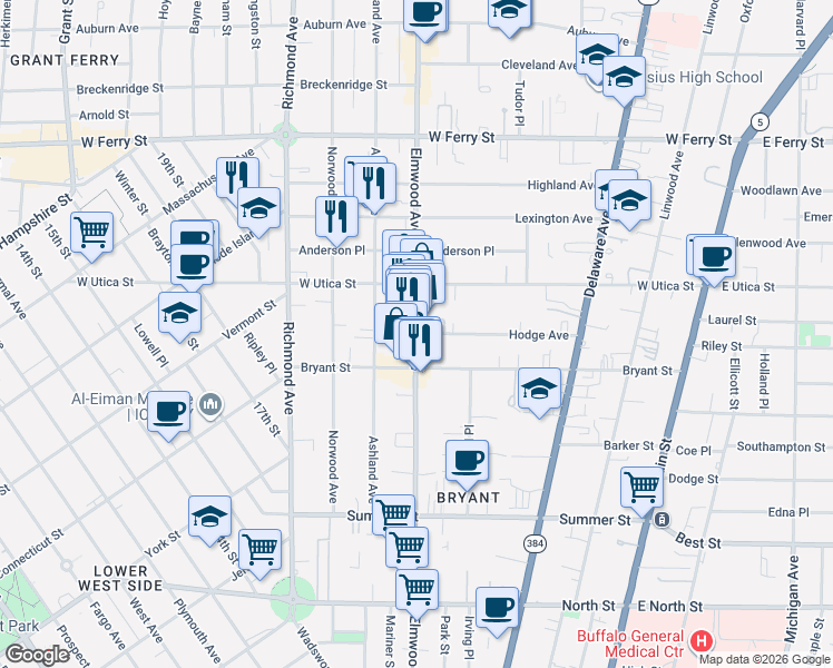 map of restaurants, bars, coffee shops, grocery stores, and more near Elmwood Ave & Hodge Ave in Buffalo