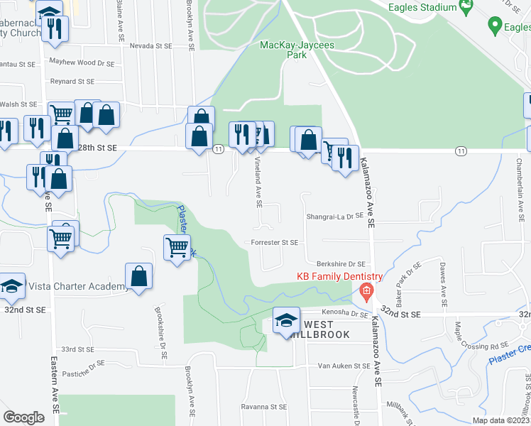 map of restaurants, bars, coffee shops, grocery stores, and more near 2934 Vineland Avenue Southeast in Grand Rapids