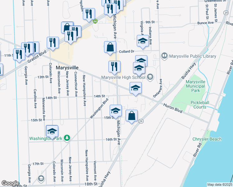 map of restaurants, bars, coffee shops, grocery stores, and more near 1348 Michigan Avenue in Marysville