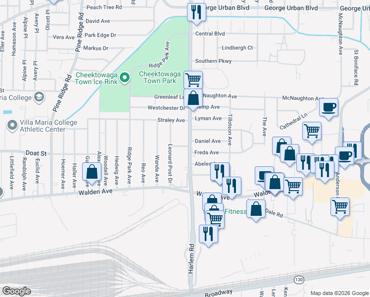 map of restaurants, bars, coffee shops, grocery stores, and more near 2454 Harlem Road in Cheektowaga