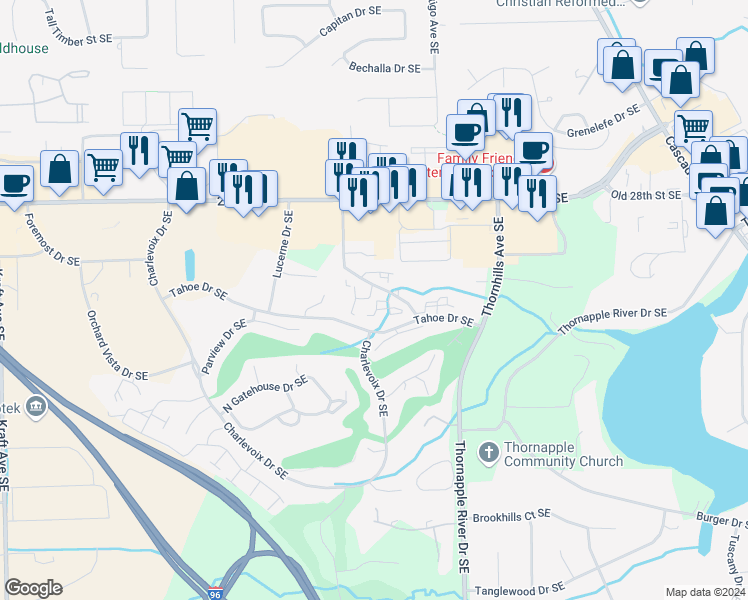 map of restaurants, bars, coffee shops, grocery stores, and more near 6214 Acropolis Drive Southeast in Grand Rapids
