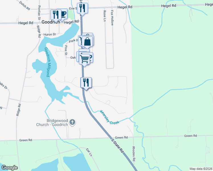 map of restaurants, bars, coffee shops, grocery stores, and more near 10475 Valley Creek Drive in Goodrich