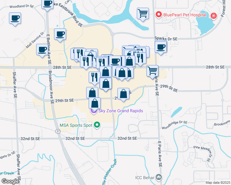 map of restaurants, bars, coffee shops, grocery stores, and more near 2855 Lake Eastbrook Boulevard Southeast in Grand Rapids
