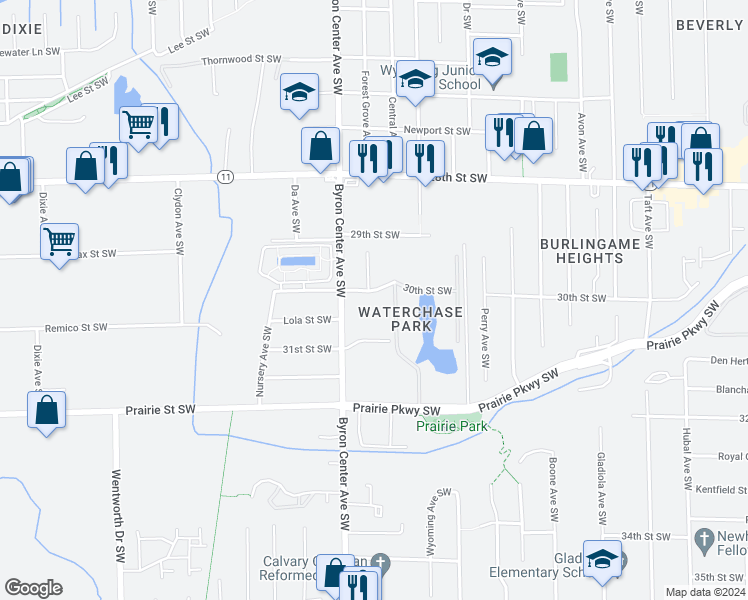 map of restaurants, bars, coffee shops, grocery stores, and more near 2352 30th Street Southwest in Wyoming