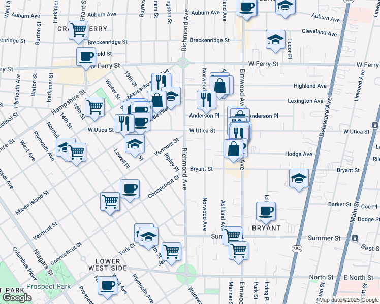 map of restaurants, bars, coffee shops, grocery stores, and more near 273 Richmond Avenue in Buffalo