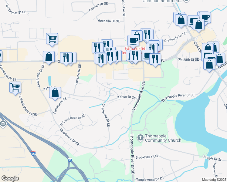 map of restaurants, bars, coffee shops, grocery stores, and more near 2994 Chapshire Drive Southeast in Grand Rapids