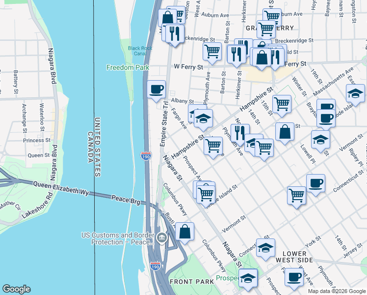 map of restaurants, bars, coffee shops, grocery stores, and more near 907 Prospect Avenue in Buffalo