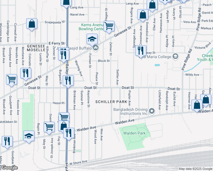 map of restaurants, bars, coffee shops, grocery stores, and more near 22 Theodore Street in Buffalo