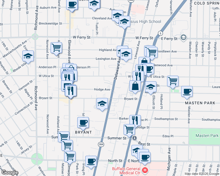 map of restaurants, bars, coffee shops, grocery stores, and more near in Buffalo
