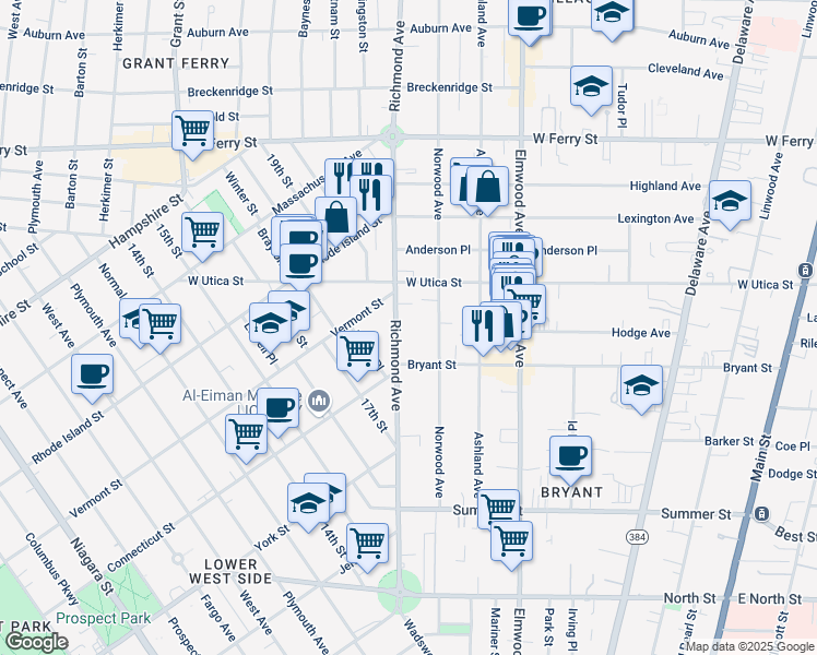 map of restaurants, bars, coffee shops, grocery stores, and more near 295 Richmond Avenue in Buffalo