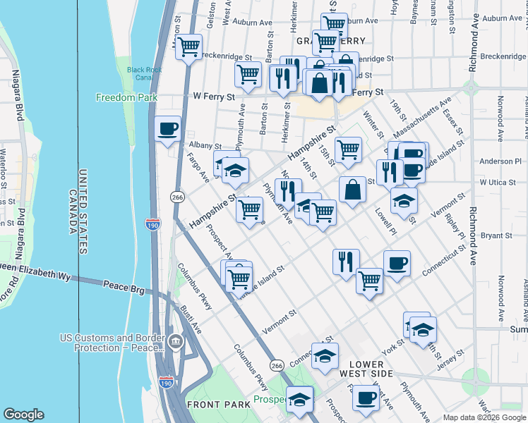 map of restaurants, bars, coffee shops, grocery stores, and more near 510 Plymouth Avenue in Buffalo