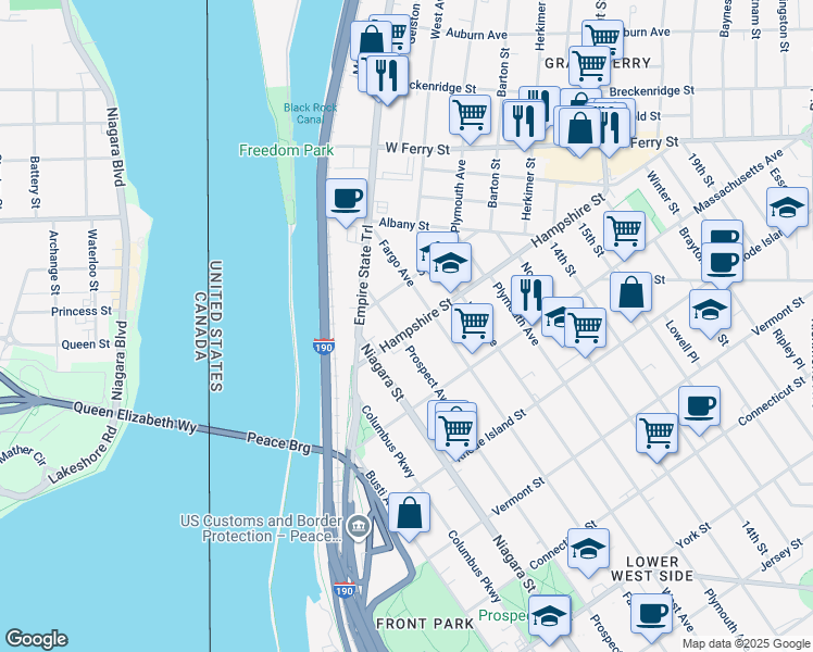 map of restaurants, bars, coffee shops, grocery stores, and more near 907 Prospect Avenue in Buffalo