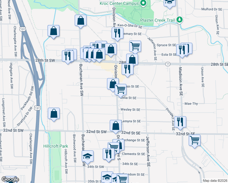 map of restaurants, bars, coffee shops, grocery stores, and more near 19 Colrain Street Southwest in Grand Rapids