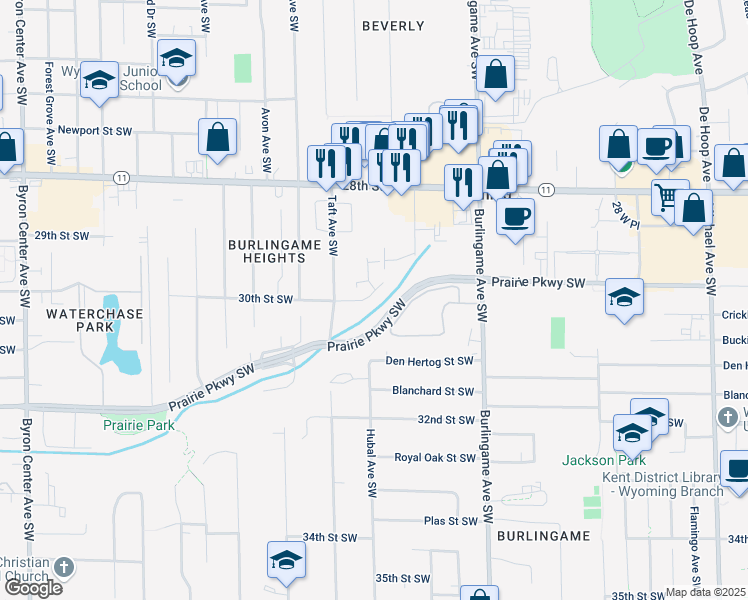 map of restaurants, bars, coffee shops, grocery stores, and more near 1845 30th Street Southwest in Wyoming