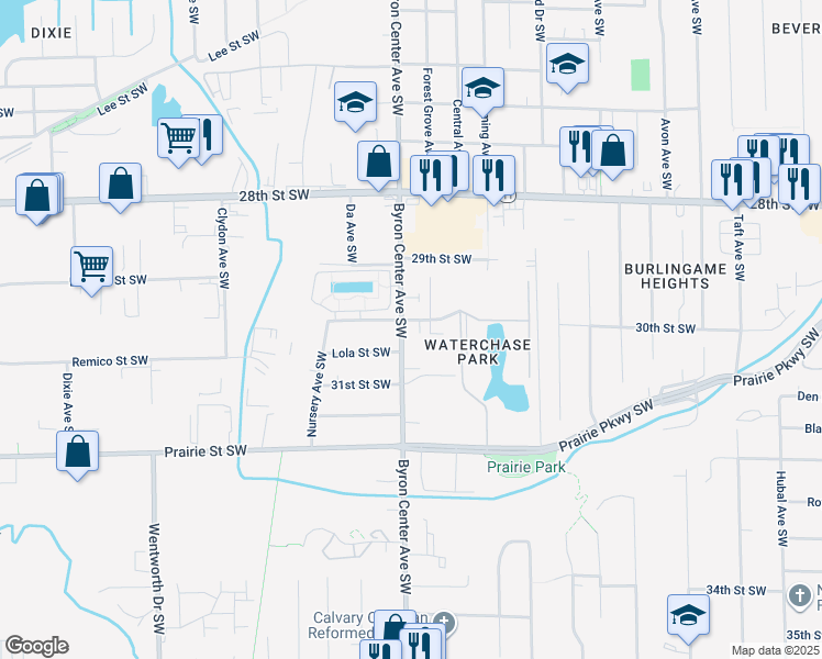 map of restaurants, bars, coffee shops, grocery stores, and more near 3001 Byron Center Avenue Southwest in Wyoming