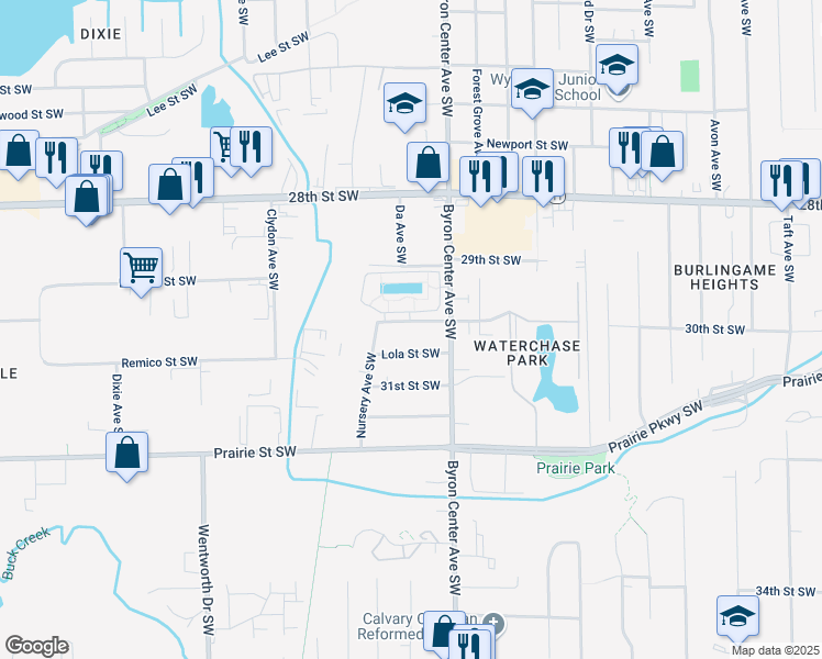 map of restaurants, bars, coffee shops, grocery stores, and more near 2428 30th Street Southwest in Wyoming