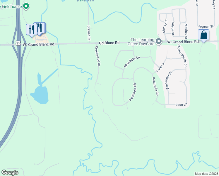 map of restaurants, bars, coffee shops, grocery stores, and more near 8096 Peninsula Circle in Grand Blanc
