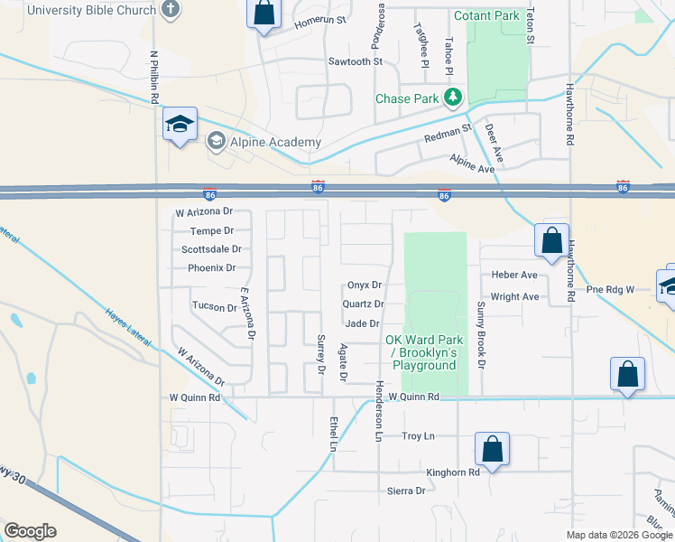 map of restaurants, bars, coffee shops, grocery stores, and more near 1622 Roy Street in Pocatello