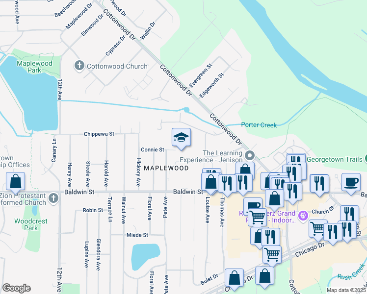 map of restaurants, bars, coffee shops, grocery stores, and more near 800 Connie Street in Georgetown Township