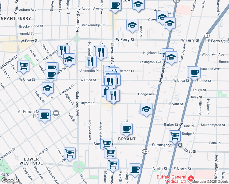 map of restaurants, bars, coffee shops, grocery stores, and more near 494 Elmwood Avenue in Buffalo