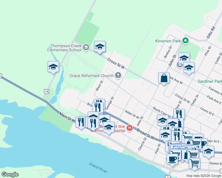 map of restaurants, bars, coffee shops, grocery stores, and more near 610 South Cayuga Street West in Haldimand County
