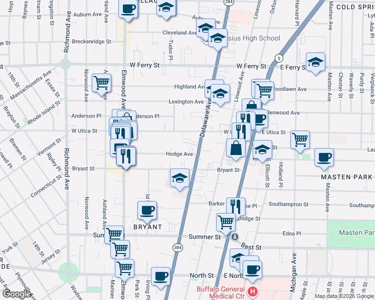 map of restaurants, bars, coffee shops, grocery stores, and more near 19 Hodge Avenue in Buffalo