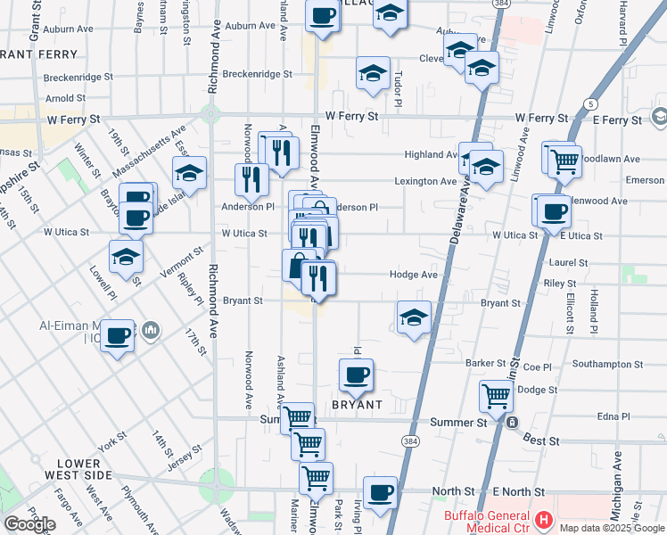map of restaurants, bars, coffee shops, grocery stores, and more near 499 Elmwood Avenue in Buffalo