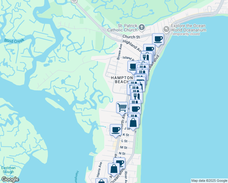 map of restaurants, bars, coffee shops, grocery stores, and more near 83 Brown Avenue in Hampton