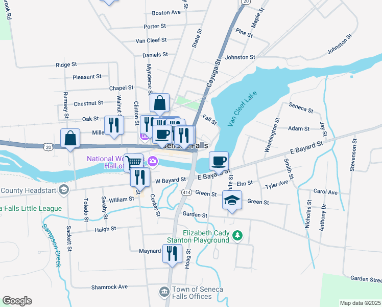 map of restaurants, bars, coffee shops, grocery stores, and more near 28 Fall Street in Seneca Falls
