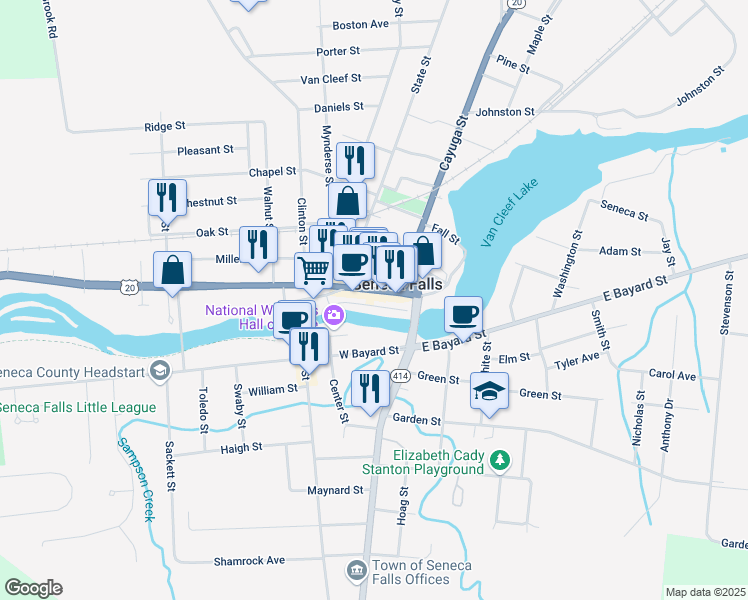 map of restaurants, bars, coffee shops, grocery stores, and more near in Seneca Falls