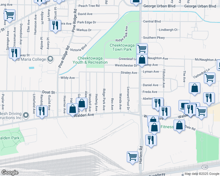 map of restaurants, bars, coffee shops, grocery stores, and more near 105 Ridge Park Avenue in Buffalo