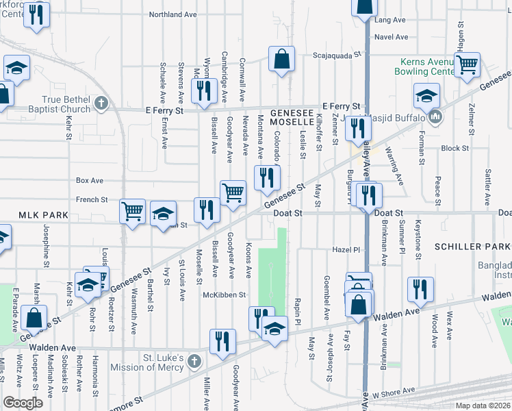 map of restaurants, bars, coffee shops, grocery stores, and more near 16 Montana Avenue in Buffalo