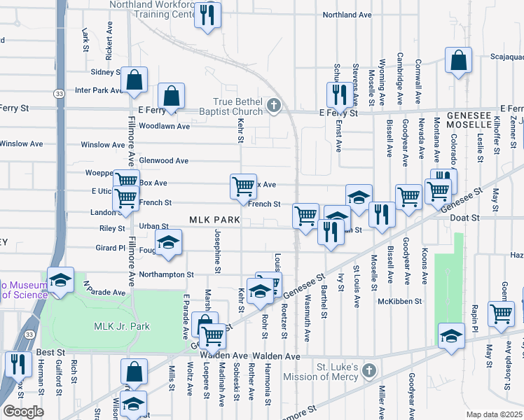 map of restaurants, bars, coffee shops, grocery stores, and more near 212 French Street in Buffalo