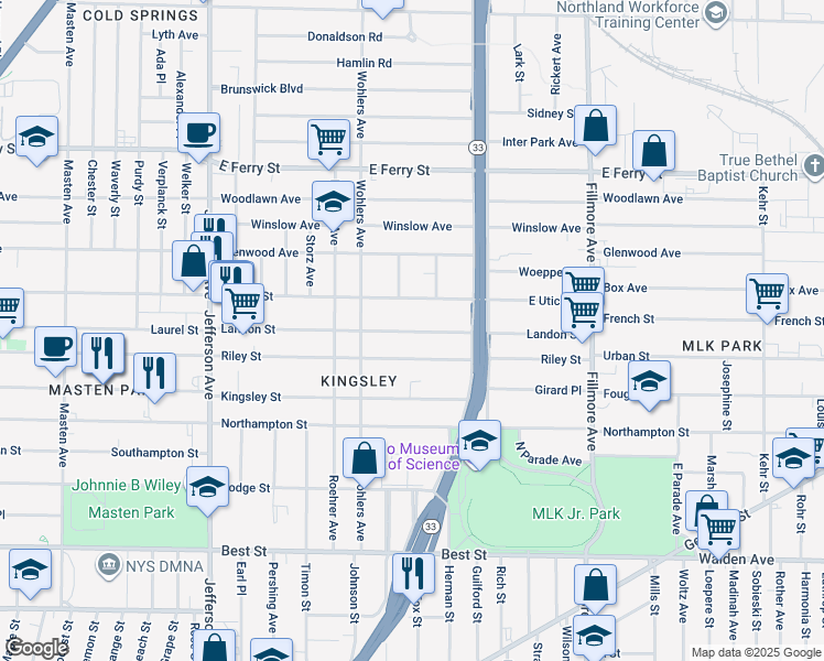 map of restaurants, bars, coffee shops, grocery stores, and more near 214 Landon Street in Buffalo