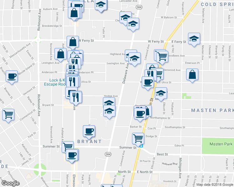 map of restaurants, bars, coffee shops, grocery stores, and more near in Buffalo
