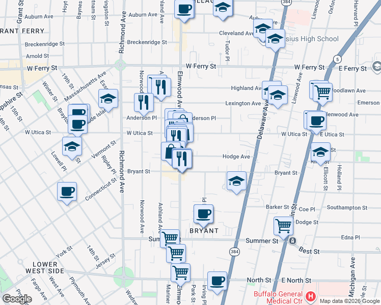 map of restaurants, bars, coffee shops, grocery stores, and more near 499 Elmwood Avenue in Buffalo