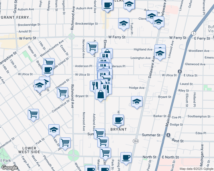 map of restaurants, bars, coffee shops, grocery stores, and more near 494 Elmwood Avenue in Buffalo