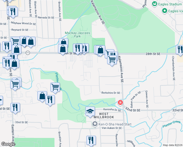 map of restaurants, bars, coffee shops, grocery stores, and more near 1321 Vineland Court Southeast in Grand Rapids
