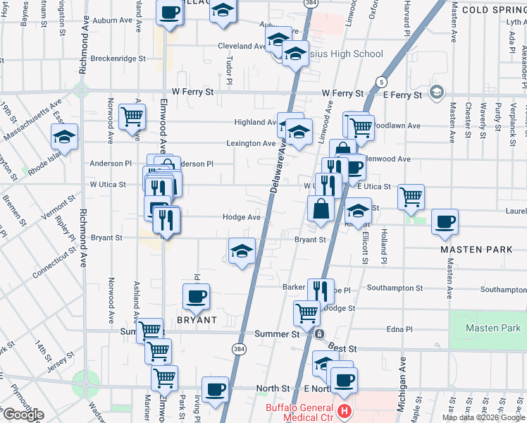 map of restaurants, bars, coffee shops, grocery stores, and more near 950 Delaware Avenue in Buffalo