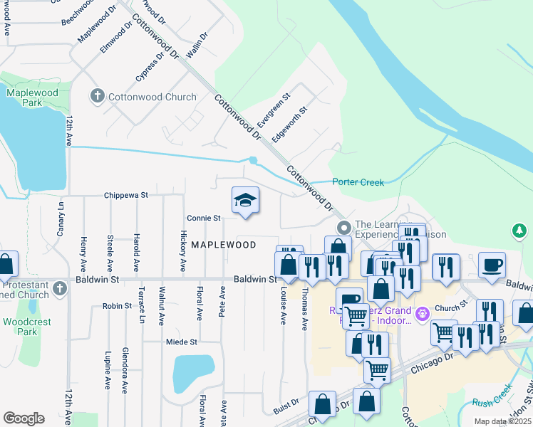 map of restaurants, bars, coffee shops, grocery stores, and more near 7787 Coachman Lane in Georgetown Township