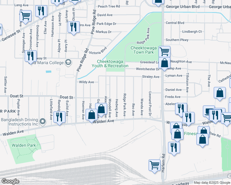 map of restaurants, bars, coffee shops, grocery stores, and more near 96 Hedwig Avenue in Buffalo