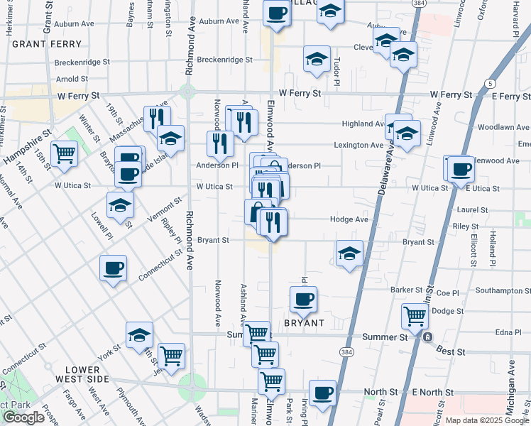 map of restaurants, bars, coffee shops, grocery stores, and more near 494 Elmwood Avenue in Buffalo