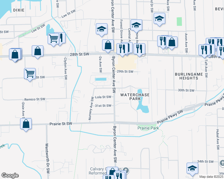 map of restaurants, bars, coffee shops, grocery stores, and more near 3001 Byron Center Avenue Southwest in Wyoming