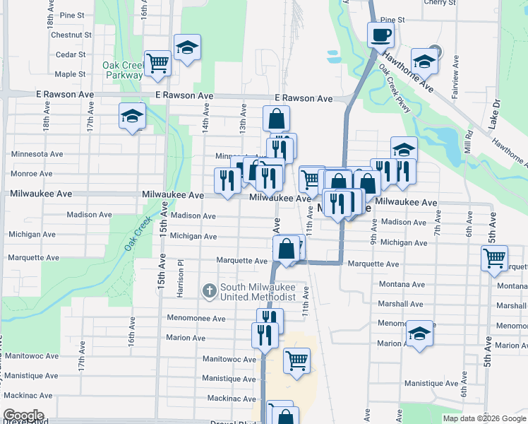 map of restaurants, bars, coffee shops, grocery stores, and more near 1209 Milwaukee Avenue in South Milwaukee