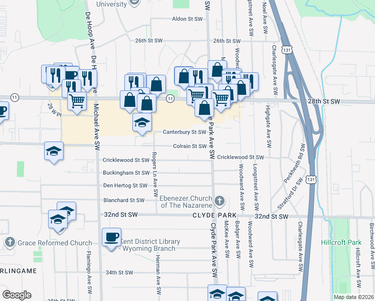 map of restaurants, bars, coffee shops, grocery stores, and more near 851 Colrain Street Southwest in Wyoming