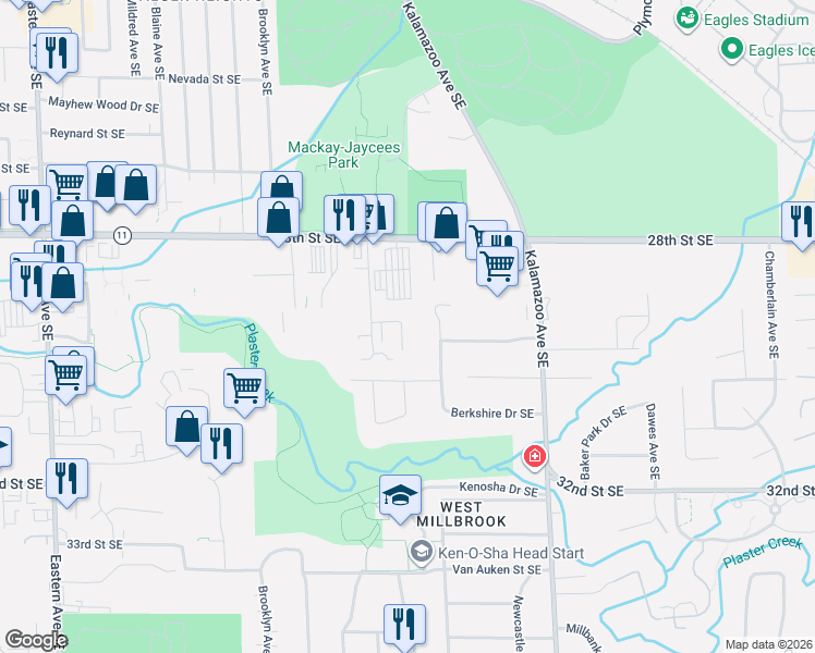 map of restaurants, bars, coffee shops, grocery stores, and more near 1321 Vineland Court Southeast in Grand Rapids