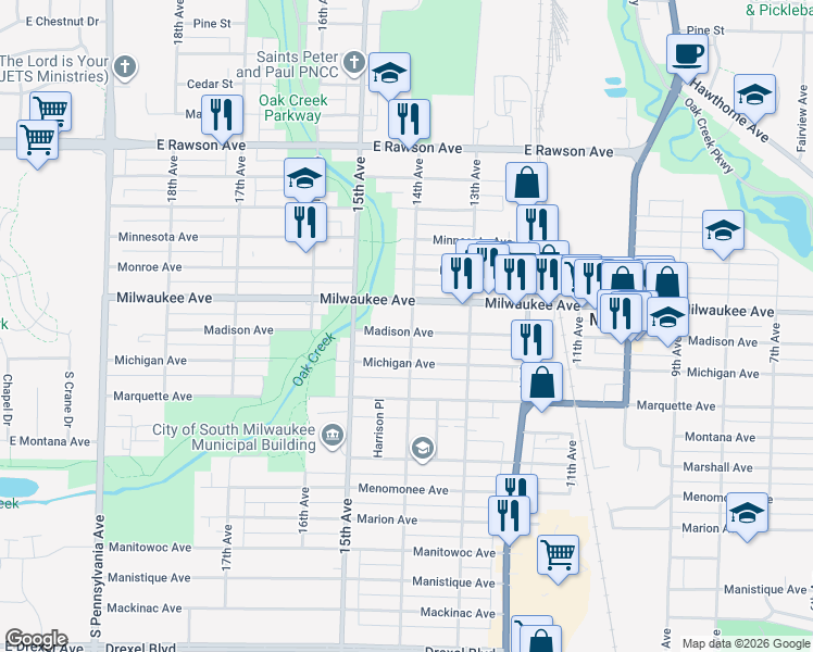 map of restaurants, bars, coffee shops, grocery stores, and more near 1405 Milwaukee Avenue in South Milwaukee